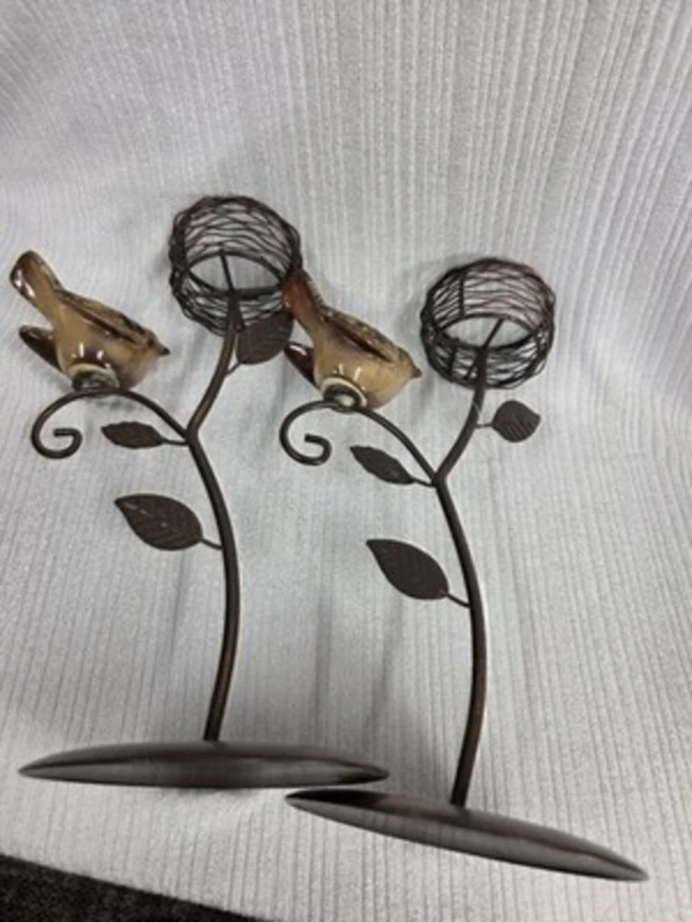 Set of 2 Metal & Glass Bird Votive Candle Holders Rustic Antique look 11in